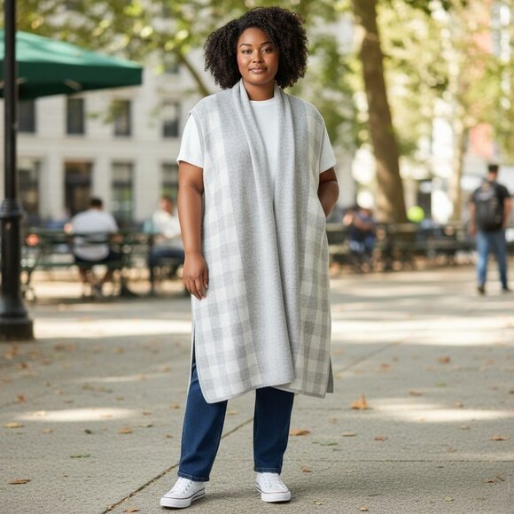 Lane Bryant Womens Plaid Duster Sweater Vest Open Front Gray & White 18/20 - Picture 1 of 14
